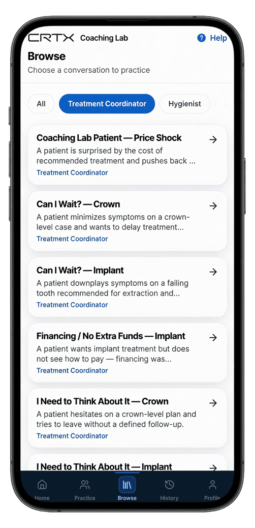 Browse practice scenarios in Coaching Lab